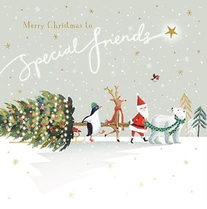 Spread heartwarming festive cheer with our 'Friends' Christmas card, a delightful design from Ling. This charming card captures the spirit of togetherness, featuring an adorable team of a penguin, reindeer, Santa, and a polar bear, all working together to pull a magnificent, beautifully decorated Christmas tree through a snowy landscape. A friendly robin adds a touch of classic Christmas charm, while the elegant script "Merry Christmas to Special Friends" conveys a truly personal message. Perfect for sending warm wishes to loved ones, this card is sure to bring a smile. Each wholesale pack contains 6 cards, making it easy to stock up for the holiday season.