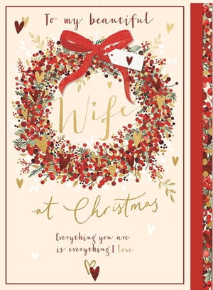 Help your customers celebrate their wonderful wives this Christmas with this charming card from Ling. The design features a beautiful festive wreath, richly decorated with red berries, elegant gold accents, and a classic red bow. Glimmering gold script proudly states 'Wife at Christmas', alongside the heartfelt sentiment: 'Everything you are is everything I love'. This card offers a warm and loving way to express appreciation during the festive season. A perfect addition for retailers seeking quality, sentimental Christmas cards. Supplied in a convenient pack of 3.