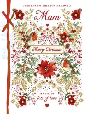 Help your customers send the warmest festive greetings to Mum with this exquisite Christmas card from Nigel Quiney Publications. This charming design beautifully captures the spirit of the season, featuring beloved robins nestled amongst vibrant poinsettias, traditional holly, and elegant gold foliage. The intricate, watercolour-style illustrations and heartfelt message, "Christmas Wishes for My Lovely Mum," make it a truly special choice. Complete with "Merry Christmas" and "Sent with lots of love," this card is perfect for expressing affection. Available in a convenient pack of 3, it's an ideal addition to your seasonal greeting card selection.