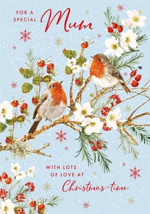 Offer your customers a truly heartwarming way to celebrate Mum this Christmas with this beautiful card from Nigel Quiney Publications. Featuring two charming robins perched on a snow-dusted branch, adorned with festive red berries and delicate white flowers, this design captures the magic of a winter wonderland. The soft blue background and gently falling snowflakes create a serene and loving scene. With the heartfelt message "FOR A SPECIAL Mum WITH LOTS OF LOVE AT Christmas-time", it's the perfect choice for expressing warm seasonal wishes. Each pack contains 6 cards, ready to bring joy to families this festive season. A delightful addition to your Christmas card collection.