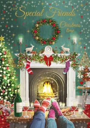 Celebrate the warmth of friendship this Christmas with our delightful 'Friends' Christmas card. This charming design captures the ultimate cosy festive scene, with two pairs of feet in colourful socks relaxing by a crackling fireplace. A beautifully decorated mantelpiece, glowing Christmas tree, and a bottle of wine with glasses complete the relaxed atmosphere, perfect for special friends. The card's message 'For Special Friends at Christmas Time' perfectly encapsulates the sentiment. Each pack contains 6 cards, ideal for sharing heartfelt wishes and spreading festive cheer.
