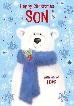 Send warm festive wishes to a special son this Christmas with this adorable card from Nigel Quiney Publications. Featuring a charming polar bear, bundled up in a cosy blue scarf adorned with traditional holly and berries, this card is set against a delightful snowy blue background filled with intricate snowflakes.
The heartfelt message "Happy Christmas SON" is prominently displayed, accompanied by "With lots of LOVE", making it the perfect way to show your affection. This beautifully designed card is sure to bring a smile to any son's face this holiday season. Available in a convenient pack size of 1x6, it's an ideal addition to your Christmas card selection.