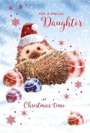 Delight your customers this festive season with this utterly adorable Christmas card, specially designed for a cherished daughter. Featuring a charming hedgehog nestled in a snowy scene, complete with a festive Santa hat and sparkling Christmas baubles, this card is sure to bring a smile. The heartwarming message, 'FOR A SPECIAL Daughter at Christmas-time', is beautifully scripted, making it the perfect way to send love. Crafted with care by Nigel Quiney Publications, these high-quality cards are ideal for any retail setting. Available in a convenient pack size of 1x6, they are ready to add a touch of festive cheer to your shelves.