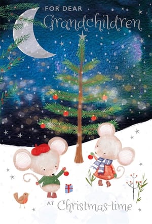 Send warm festive wishes to your dearest grandchildren with this enchanting Christmas card. Under a twinkling moonlit sky, two adorable mice are busy decorating a charming Christmas tree, complete with sparkling baubles and a star on top. One little mouse, sporting a jaunty red beret, carefully places a bauble, while another, wrapped in a cosy scarf, adds its own festive touch. A tiny robin watches on, adding to the heartwarming winter scene. This delightful card, titled 'Grandchildren', is the perfect way to send love 'at Christmas-time'. Supplied by Nigel Quiney Publications, each pack contains 6 cards, ready to bring smiles to your family.