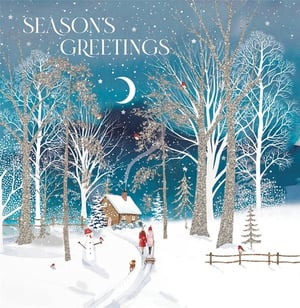 Invite your customers to step into a truly enchanting winter wonderland with this beautiful 'Season's Greetings' card. It captures the serene magic of the festive season, featuring a cosy snow-covered cottage, sparkling trees, and a charming path where two figures and their dog enjoy a peaceful stroll past a friendly snowman. Delicate glitter accents on the trees and snow add a touch of sparkle, while robins perch on branches, completing this heartwarming scene. These cards are supplied by Nigel Quiney Publications in packs of 6 and are left 'Open' (blank inside) for a personal message. A delightful choice for spreading festive cheer this Christmas.