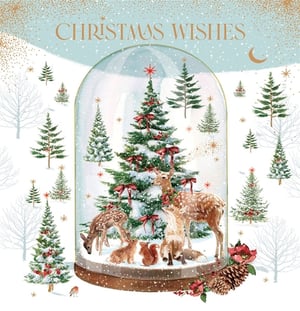 Enchanted Snow Globe Christmas Wishes Card

Capture the magic of the season with this enchanting Christmas card from Nigel Quiney Publications. Featuring a beautifully illustrated snow globe, it showcases a heartwarming scene of a majestic deer, a playful fawn, a charming fox, and busy squirrels nestled amongst snow-dusted Christmas trees adorned with red bows. Outside the globe, a winter wonderland unfolds with more festive trees and a tiny robin, all under a sky sparkling with 'CHRISTMAS WISHES'.

This delightful design is perfect for spreading joy and warmth, appealing to customers seeking traditional yet captivating festive greetings. Each pack contains 6 cards, ready to bring a touch of seasonal wonder to your shelves.