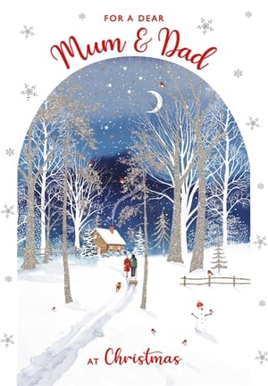 Send warm wishes to Mum & Dad this Christmas with this charming card from Nigel Quiney Publications. The design features a beautiful winter wonderland scene under a starry, moonlit sky, where a couple and their dog walk towards a cosy cabin. Glittering trees, cheerful robins, and a friendly snowman enhance the festive atmosphere. This delightful card captures the spirit of the season. Available in a convenient pack of 6.