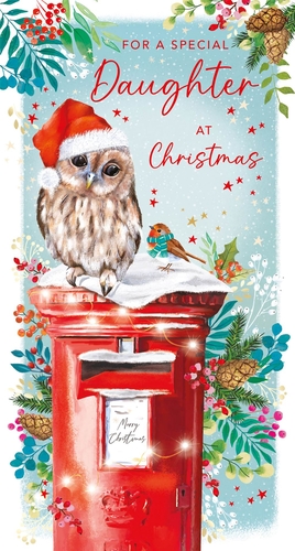 Delight your customers with this enchanting Christmas card, specially designed for a beloved Daughter. Featuring an adorable owl in a Santa hat, perched atop a festive red post box alongside a charming robin, this card beautifully captures the magic of the season. Adorned with winter foliage and sparkling details, it's the perfect way to send warm wishes. From Nigel Quiney Publications, known for their quality designs, this card is sure to bring a smile. Available in a convenient pack size of 1x6, it's ready to stock your shelves this Christmas.
