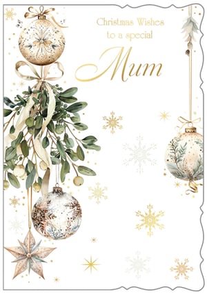 Help your customers celebrate Mum this Christmas with this exquisite card from Out of The Blue Studios Ltd. Featuring a beautiful blend of elegant mistletoe, delicate botanical baubles, and shimmering gold snowflakes, this design exudes festive charm. The heartfelt message, 'Christmas Wishes to a special Mum', is presented in a lovely gold script, making it the perfect choice for expressing love and appreciation. Its sophisticated, natural aesthetic and warm colour palette offer a truly premium feel. Stock up on this delightful card, available in a convenient pack size of 1x6, and enhance your seasonal greeting card offering.