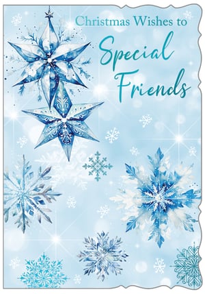 Send warm Christmas wishes to your special friends with this beautiful card from Out of The Blue Studios Ltd. Featuring a serene watercolour design, it showcases elegant blue and white snowflakes and sparkling stars, creating a truly festive and enchanting scene. The soft blue background and delicate details make this card a charming choice for the holiday season. Perfect for conveying heartfelt greetings, this 'Friends' card is sure to bring a smile. Available in a convenient pack size of 1x6, ensuring you're well-stocked for your customers.