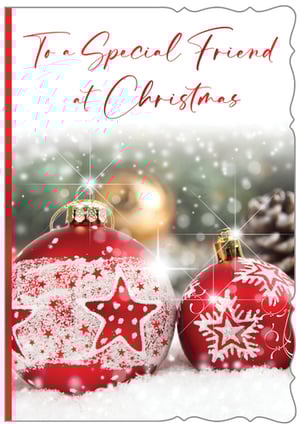Share festive cheer with this beautiful Christmas card, specially designed for a dear female friend. Featuring two sparkling red baubles nestled in soft snow, against a backdrop of twinkling lights and pine, this card exudes warmth and holiday magic. The elegant script reads 'To a Special Friend at Christmas', conveying heartfelt wishes. Perfect for spreading joy, these delightful cards come in a convenient pack of six, making them an ideal choice for your seasonal stock. From Out of The Blue Studios Ltd., ensure your customers can send the perfect message this Christmas.