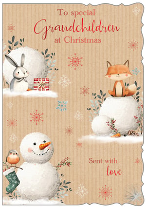 Bring festive cheer to your shop with this charming Christmas card, specially designed for grandchildren. This delightful watercolour illustration captures the magic of winter with a sweet fox, a friendly rabbit, a cheerful snowman, and a little robin nestled amongst snowy scenes and delicate winter foliage. The rustic kraft background, adorned with shimmering snowflakes, adds a cosy touch. With the heartfelt message 'To special Grandchildren at Christmas' and 'Sent with love', this card is ideal for conveying warm wishes. Stock this lovely design, supplied in a convenient pack of 6, to help your customers share joy this festive season.