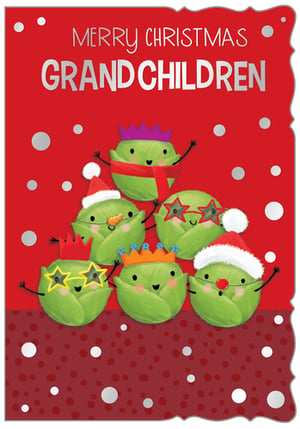 Make your grandchildren's Christmas extra special with this utterly charming card! Featuring a delightful family of Brussels sprouts, each character is dressed in festive attire – from Santa hats and crowns to star-shaped glasses and even a cheerful Rudolph nose.

The vibrant red background, adorned with playful silver dots, perfectly complements the sparkling 'MERRY CHRISTMAS GRANDCHILDREN' message, beautifully highlighted in silver foil. This fun and festive design is sure to bring smiles and warmth to your loved ones this holiday season. It's the perfect way to send your festive greetings!