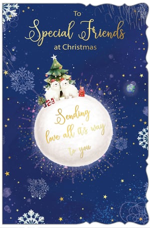 Share festive cheer with your nearest and dearest this Christmas with our delightful 'Friends' Christmas card. Featuring an enchanting scene set against a deep blue, starry night sky, this card is sure to bring smiles. Two adorable polar bears, nestled beside a twinkling Christmas tree and tiny presents, sit atop a soft, moon-like sphere. The heartfelt message, 'Sending love all its way to you,' is beautifully scripted in shimmering gold. With delicate snowflake details and a charming wavy edge, this card from Out of The Blue Studios Ltd. is perfect for those special friends. Each pack contains 6 cards, ready to spread warmth and joy.