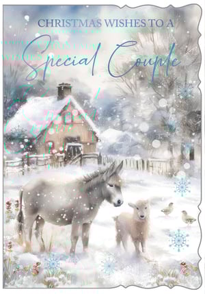 Introduce the heartwarming 'Special Couple' Christmas card from Out of The Blue Studios Ltd. This beautiful design captures the magic of a winter wonderland, featuring a charming snow-covered cottage nestled amongst frosted trees. In the foreground, a gentle donkey and a sweet lamb stand peacefully in the soft snow, creating a truly serene and traditional festive scene. Delicate snowflakes and subtle hints of colour add to its enchanting appeal. Perfect for conveying warm Christmas Wishes to a special couple, this card offers a touching sentiment. Available in a convenient pack of 6, it's an ideal addition to your seasonal greeting card collection, sure to delight your customers.
