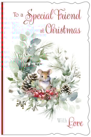 Send warm festive wishes to a cherished friend this Christmas with our delightful 'Friend Female' Christmas card. This charming design features an adorable mouse nestled amongst a beautiful watercolour wreath of frosted eucalyptus, pine needles, rich red berries, and natural pine cones. The heartfelt message 'To a Special Friend at Christmas' is elegantly scripted, finished with 'With Love'. Perfect for spreading joy, these cards are sure to bring a smile to any special female friend. Available in a convenient pack of 6, they're an ideal addition to your seasonal greeting card collection. From Out of The Blue Studios Ltd.