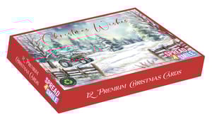 Introduce a touch of rustic charm to your Christmas card selection with our 12 Landscape Premium 'Slide' A Snowy Morning Cards. Each box contains 12 premium cards, all featuring a single, enchanting design: a picturesque snowy landscape complete with a classic red tractor, perfect for sending heartfelt "Christmas Wishes." These beautiful cards, from Out of The Blue Studios Ltd., are not only a joy to send but also fully recyclable, appealing to eco-conscious customers. Encourage your shoppers to SPREAD A SMILE this festive season with these delightful cards. Available for wholesale in convenient packs of 6 boxes, ensuring you're well-stocked for the holidays.