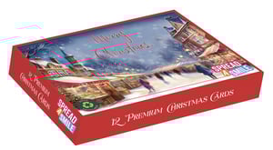 Bring the magic of a winter wonderland to your customers with our 12 Landscape Premium 'Slide' Christmas Markets Cards. Each box contains 12 beautifully designed cards, all featuring the same enchanting snowy Christmas market scene, complete with a festive "Merry Christmas" message.

These premium cards offer a truly special way to send festive greetings. Not only are they stunning, but they are also fully recyclable, reflecting a commitment to sustainability. Plus, they support the wonderful 'Spread a Smile' initiative. Stock up with our convenient 1x6 pack size from Out of The Blue Studios Ltd. and offer your shoppers a charming, high-quality choice this Christmas season.