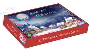 Get ready to spread some festive cheer with these exquisite 12 Landscape Premium Christmas Cards. Each box contains a dozen beautifully designed cards, all featuring the same enchanting 'Midnight Santa' scene. Imagine a serene, snow-covered village nestled under a full moon, with Santa's sleigh silhouetted against the night sky, ready to deliver gifts. The warm glow from the cottage windows adds a touch of cosy magic to this classic winter wonderland.

Perfect for sending your heartfelt Season's Greetings, these premium cards are sure to delight friends and family. Plus, they come with a 'Spread a Smile' message and are fully recyclable, so you can share joy responsibly this Christmas.