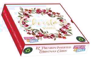 Spread festive cheer this season with our exquisite 12 Square Premium 'Slide' Winter Wreath Christmas Cards. Each box contains 12 beautifully inserted cards, all featuring the same stunning watercolour-style winter wreath design. Adorned with vibrant red berries and lush green foliage, the wreath elegantly frames 'Christmas Wishes' in a golden script, bringing a touch of sophistication to every message. These premium cards are fully recyclable, making them a thoughtful choice for an eco-conscious Christmas. With a 'Spread A Smile' initiative, your customers can share warmth and happiness. Available in a convenient pack size of 1x6, these cards from Out of The Blue Studios Ltd. are perfect for your retail offering.