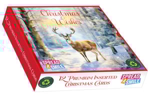 Send warm festive greetings this Christmas with our beautiful 'Woodland Visit' premium card set. This delightful box contains 12 square Christmas cards, all featuring the same enchanting design: a majestic deer amidst a serene, snow-dusted forest, illuminated by a soft, festive glow. Perfect for sending your heartfelt Christmas Wishes and helping to Spread a Smile this season. These premium inserted cards are not only beautiful but also fully recyclable, offering a thoughtful and eco-friendly way to share your festive cheer.