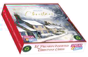 Send warm wishes this festive season with our beautiful 'All Is Calm' Christmas cards. Each premium box contains 12 square cards, all featuring a serene and picturesque snowy village scene that perfectly captures the magic of winter. The elegant 'Merry Christmas' message in gold script adds a touch of luxury.

These high-quality cards are designed to help you 'Spread A Smile' this Christmas. Plus, you can feel good knowing the entire box and its contents are fully recyclable, making them a thoughtful choice for the environmentally conscious. Share the joy and tranquility of the season with these exquisite cards.

Wholesale pack size: 1x6 boxes.