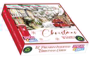 Bring the magic of a traditional Christmas village to your customers with these enchanting premium cards from Out of The Blue Studios Ltd. Each box contains 12 beautifully inserted cards, all featuring the same heartwarming design: a picturesque snowy village scene complete with a classic red post box and a charming vintage red van.

These 'Village Post Cards' are perfect for spreading festive cheer and evoking nostalgic Christmas wishes. Not only are they designed to 'Spread a Smile', but they are also fully recyclable, offering an eco-friendly option for the holidays. Stock up with our convenient pack size of 6 boxes, ensuring your shelves are ready for the festive season.