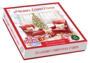 Offer your customers the warmth of the season with our 24 Luxury Cards Cosy Christmas collection from Out of The Blue Studios Ltd. Each box contains 24 beautifully foiled Christmas cards, featuring two delightful designs to spread festive cheer. The charming illustration captures a truly cosy Christmas scene, complete with inviting armchairs, a sparkling tree, and a sweet cat by a snowy window.

These luxurious cards are not only perfect for sending heartfelt greetings but are also fully recyclable, appealing to environmentally conscious buyers. Supporting the 'Spread a Smile' initiative, these cards are a wonderful addition to any retail offering. Available in a convenient 1x6 pack, they're ready to brighten homes this holiday.