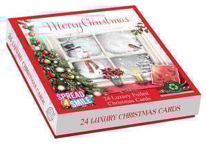 Bring the magic of the season home with our delightful 'Home For Christmas' luxury card pack! This exquisite set features 24 beautifully foiled Christmas cards, showcasing two charming designs per box. Each card captures a heartwarming window scene, complete with friendly snowmen, a cheerful robin, and a festive Christmas tree, perfect for sending warm wishes.

Designed to "Spread a Smile", these premium cards are ideal for sharing your Merry Christmas greetings with loved ones. What's more, they are fully recyclable, making them a thoughtful and eco-conscious choice. From Out of The Blue Studios, these luxury cards ensure your festive messages are sent in truly special style this year.