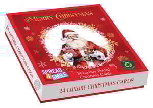 Bring festive cheer to your customers with our delightful 'Santa's Here' Luxury Christmas Cards. Each beautifully designed box contains 24 premium cards, featuring two charming Santa designs with elegant foiling for that extra special touch. The classic red and gold festive aesthetic, complete with a joyful Santa holding gifts, is sure to spread smiles this season. These wonderful cards are also fully recyclable, making them a thoughtful choice. Available in convenient wholesale packs of 6 boxes, they're an ideal addition to your seasonal offerings, helping your customers share the magic of Christmas.