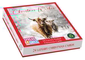 Send warm festive greetings this season with our exquisite 'Snowy Meadow' Christmas cards. This beautiful box contains 24 luxury foiled cards, featuring two charming designs of majestic Highland cows amidst a serene, snow-covered landscape. Each card is crafted to spread joy and 'Christmas Wishes' to your loved ones.

We're proud to support 'Spread a Smile' with every purchase, helping to bring happiness to children and teenagers facing serious illness. You'll also be pleased to know these delightful cards are fully recyclable, making them a thoughtful choice for the environment. Make your festive season extra special with these unique and high-quality cards.