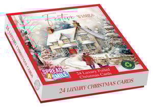 Send warm 'Festive Wishes' this holiday season with our beautiful 'A Winter Walk' Luxury Christmas Cards. This delightful box contains 24 premium foiled cards, featuring two charming designs to share with loved ones. The enchanting watercolour artwork captures a serene snowy scene, complete with a cosy cottage and a peaceful winter stroll. Each card is crafted for a luxurious feel and carries the uplifting 'Spread A Smile' message. Plus, they're fully recyclable, making them a wonderful, eco-conscious choice. From Out of The Blue Studios Ltd, these cards are perfect for spreading joy and cheer.