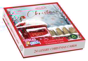 Get ready to spread some festive cheer with our delightful 24 Luxury Christmas Post Cards. Each box contains 24 exquisitely foiled cards, featuring two charming designs to choose from. The beautiful artwork showcases a classic snowy scene with a friendly robin perched on a traditional red post box, truly capturing the magic of Christmas. These cards are not only a joy to send and receive but are also fully recyclable, making them a thoughtful and eco-friendly choice. Plus, with every purchase, you help 'Spread a Smile'. These cards are perfect for sending warm wishes this holiday season.