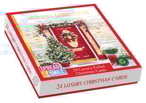 Send warm wishes this festive season with our beautiful 'Winter Garden' Christmas cards. This luxurious box contains 24 cards, featuring two enchanting designs to share with friends and family. Each card showcases a charming snowy front door scene, complete with a festive Christmas tree and wreath, and is elegantly foiled for a touch of seasonal sparkle. Designed to help you 'Spread a Smile', these high-quality cards are also fully recyclable, making them a thoughtful and eco-friendly choice. Make your greetings extra special this Christmas!