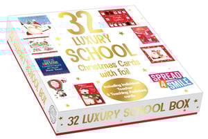 Make Christmas extra special for schools with our delightful 32 Luxury School Christmas Cards, from Out of The Blue Studios Ltd. Each beautifully presented box contains 32 festive cards, enhanced with a touch of luxurious foil. Featuring 6 unique designs, this collection offers a perfect card for every recipient. A truly thoughtful inclusion are the dedicated cards for Teachers and Teaching Assistants, making it easy to 'Spread a Smile' and show appreciation. This comprehensive set is ideal for school children to send their festive greetings. Available for wholesale in packs of 6 boxes, these cards are a charming addition to any festive range, ensuring your customers are well-stocked for the season.