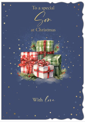 Send heartfelt festive wishes to a special Son this Christmas with this beautiful card from Out of The Blue Studios Ltd. The design features a charming watercolour illustration of classic Christmas presents, nestled amongst pine sprigs and berries, all set against a rich, starry blue background. Elegant gold script lettering conveys the warm message 'To a special Son at Christmas' and 'With love'. This card is perfect for retailers seeking a truly special and visually appealing option for their customers. Available in a convenient wholesale pack size of 1x6.