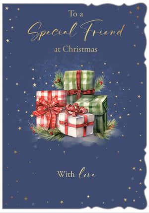Offer your customers a truly special way to celebrate friendship this Christmas with our 'Friend Male' Christmas card. Featuring a beautiful deep blue background adorned with shimmering gold stars, this card immediately conveys a sense of festive elegance. At its heart, a charming watercolour illustration of beautifully wrapped presents, nestled amongst pine sprigs and berries, adds a touch of classic Christmas warmth. The heartfelt message, 'To a Special Friend at Christmas' and 'With love', makes it perfect for expressing genuine affection. Supplied by Out of The Blue Studios Ltd., each pack contains 6 cards, ready to bring joy to your shelves and your customers' loved ones.