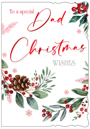 Make Dad's Christmas truly special with this beautifully designed card from Out of The Blue Studios Ltd. Featuring a heartfelt "To a special Dad Christmas WISHES" message, this card is adorned with charming watercolour illustrations. Rich red berries, lush green foliage, and a rustic pinecone create a wonderfully festive feel, complemented by delicate snowflakes. It's the perfect way for customers to send warm holiday greetings to their beloved fathers. Each pack contains 6 cards, ready to add a touch of warmth and tradition to your Christmas card selection. A thoughtful choice for any retailer looking to offer quality festive stationery.