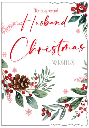 Help your customers celebrate their special someone this Christmas with our charming 'Husband' Christmas card. This beautiful design features a heartfelt message, 'To a special Husband, Christmas Wishes', making it the perfect choice for expressing love during the festive season.
The elegant watercolour artwork captures the spirit of Christmas with its delightful arrangement of lush green foliage, vibrant red berries, and a detailed pinecone, complemented by subtle snowflake accents. Supplied by Out of The Blue Studios Ltd., these cards offer a touch of classic festive charm. Available in a convenient pack of 6, they're an ideal addition to your seasonal greeting card collection, ready to bring warmth and joy to every husband.