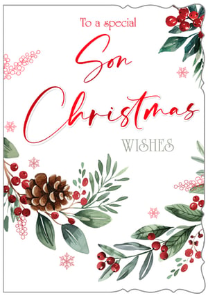 Celebrate the festive season with our beautiful 'To a special Son Christmas Wishes' card, perfect for showing appreciation to a beloved son. This elegant design from Out of The Blue Studios Ltd. features a classic watercolour illustration of winter foliage, including rich red berries, lush green leaves, and a charming pinecone, all accented with delicate snowflakes. The heartfelt message is presented in a stylish script and serif font, making it a truly special card. Ideal for retailers looking to offer high-quality, warm, and traditional Christmas greetings. Each pack contains 6 cards, ready to bring joy to your customers this Christmas.