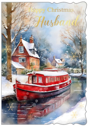 Bring festive cheer to your customers' Christmas with this beautiful 'Husband' Christmas card from Out of The Blue Studios Ltd. This charming card features a picturesque winter wonderland scene, painted in a delightful watercolour style. A vibrant red canal boat, nestled by snow-covered cottages and bare trees, creates a truly idyllic setting. Golden foil lettering proudly displays 'Happy Christmas Husband', adding a touch of elegance and warmth. The falling snowflakes and subtle golden accents complete this enchanting design. Perfect for showing appreciation to a beloved husband during the festive season. Available in a convenient pack size of 1x6.