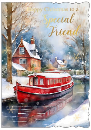 Send warm festive wishes to a cherished friend this Christmas with this beautiful card from Out of The Blue Studios Ltd. Featuring a charming watercolour scene, a vibrant red canal boat glides through a snowy winter wonderland, past quaint cottages and frosted trees. The serene landscape is enhanced with delicate falling snowflakes and sparkling gold foil text that reads 'Happy Christmas to a Special Friend'. This delightful design perfectly captures the magic and tranquility of the season, making it an ideal choice for showing appreciation. Available in a convenient pack of 6, ensuring you're stocked for the festive period.