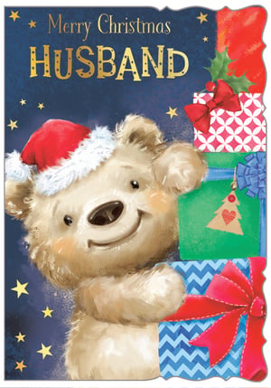 Make his Christmas truly special with this adorable 'Husband' Christmas card from Out of The Blue Studios Ltd. This charming design features a sweet teddy bear, complete with a festive Santa hat, peeking playfully from behind a stack of beautifully wrapped presents.
Against a rich blue background adorned with sparkling golden stars, the message "Merry Christmas HUSBAND" stands out in elegant gold lettering. It's the perfect card to convey warmth and affection this festive season. Stock up on these delightful cards, available in a convenient pack size of 1x6, and add a touch of heartwarming cheer to your Christmas collection.