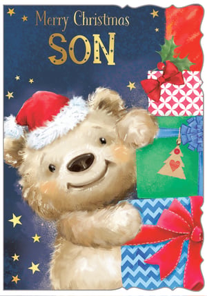 Make your son's Christmas truly special with this heartwarming card from Out of The Blue Studios Ltd. This adorable design features a sweet teddy bear, complete with a festive Santa hat, peeking playfully from behind a stack of beautifully wrapped presents.
The rich blue background, adorned with sparkling gold stars, perfectly highlights the shimmering "Merry Christmas SON" message. With its charming illustration and festive cheer, this card is the ideal way to send love and best wishes. Each pack contains 6 identical cards, ready to bring a smile to your customers' faces this holiday season.