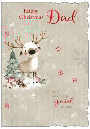 Send warm festive wishes to Dad with this adorable Christmas card from Out of The Blue Studios Ltd. This charming design features a sweet, smiling reindeer nestled in a snowy winter wonderland, complete with a festive Christmas tree, red berries, and pinecones. The heartfelt message, "Happy Christmas Dad, Hope it's every bit as special as you!", is beautifully presented in a mix of classic and elegant red script. Perfect for showing appreciation to Dads during the holiday season, this delightful card is sure to bring a smile. Available in a convenient pack of 6, making it an ideal choice for your seasonal card selection.
