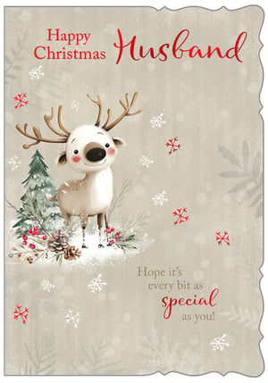 Show your Husband how special he is this Christmas with this charming card from Out of The Blue Studios Ltd. Featuring an adorable reindeer with a sweet smile, surrounded by festive pinecones, red berries, and a snowy Christmas tree, it's a truly heartwarming design. The card's message, 'Happy Christmas Husband, Hope it's every bit as special as you!', perfectly captures the festive spirit and your affection. A lovely way to send your love this holiday season. Available in packs of 6.