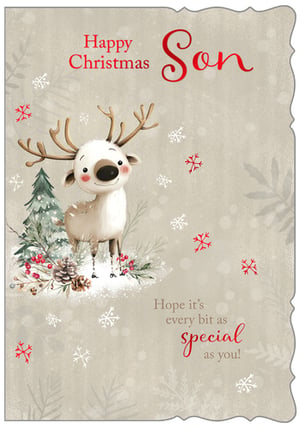 Help your customers celebrate their Sons this Christmas with this utterly charming card from Out of The Blue Studios Ltd. This delightful design features an adorable reindeer, complete with rosy cheeks and antlers, set against a serene snowy backdrop. Festive elements like a miniature Christmas tree, red berries, and pinecones add to its appeal. The warm message, 'Happy Christmas Son, Hope it's every bit as special as you!', conveys genuine affection. Perfect for retailers seeking a high-quality, heartfelt option, this card combines gentle colours with a truly sweet illustration. Supplied in a convenient pack of 6, it's an ideal addition to your festive card collection, ready to bring joy to families.
