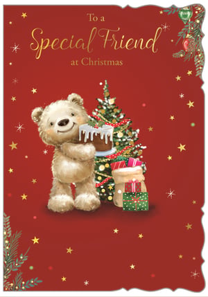 Send warm festive wishes to a special friend this Christmas with this delightful card from Out of The Blue Studios Ltd. Featuring an adorable, fluffy teddy bear proudly holding a festive Christmas pudding, this charming design is set against a twinkling Christmas tree and a pile of beautifully wrapped presents. The rich red background, adorned with golden stars and delicate snowflakes, perfectly complements the heartfelt message "To a Special Friend at Christmas". With its friendly appeal and classic holiday imagery, it's the perfect way to show appreciation. Available in a convenient pack of 6, this 'Friend Male' card is an ideal choice for retailers looking to offer a lovely option for male friends this festive season.