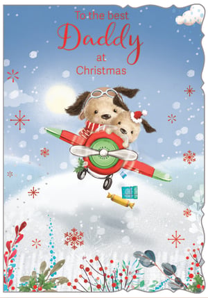 Make Daddy's Christmas extra special with this utterly charming card! Featuring two adorable furry friends soaring through a snowy sky in their festive red and green aeroplane, it's sure to bring a smile. One little pilot sports cool aviator goggles and a striped scarf, while their co-pilot dons a sweet Santa hat, dropping gifts over a beautiful winter wonderland.
With delightful snowflakes and vibrant festive foliage, this heartwarming design captures the magic of Christmas perfectly. From Out of The Blue Studios Ltd, this 'Daddy' card is a wonderful addition to any Christmas card collection. Available in a convenient pack of 6.