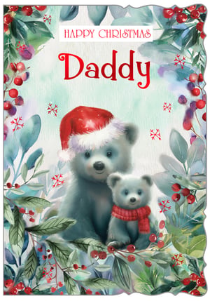 Make this Christmas truly memorable for Dads with our delightful 'Daddy' Christmas card, brought to you by Out of The Blue Studios Ltd. This enchanting design captures a heartwarming moment between two adorable polar bears, a loving father and child, set against a backdrop of lush festive foliage, vibrant red berries, and delicate snowflakes. The beautiful watercolour artistry and soft, inviting colours make this card a standout choice for expressing love and appreciation. It's the perfect way for customers to send a special festive message to their Dads. Stock up with our convenient pack of 6 and add a touch of charm to your seasonal greeting card selection.